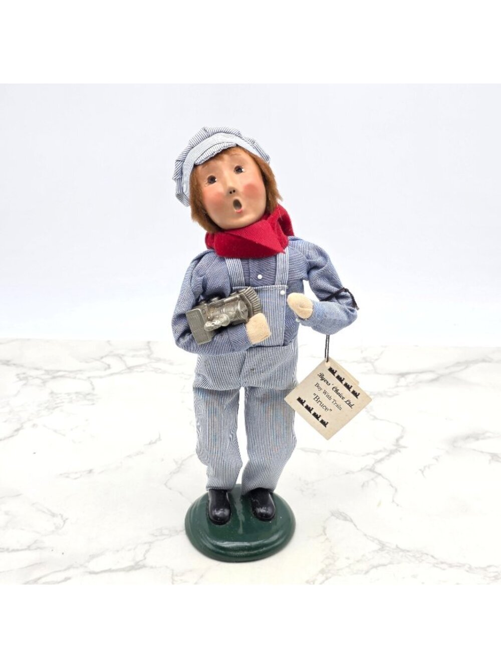 Byers Choice Carolers Boy with Engine Train Overalls Cap Pewter Cupboard 2000